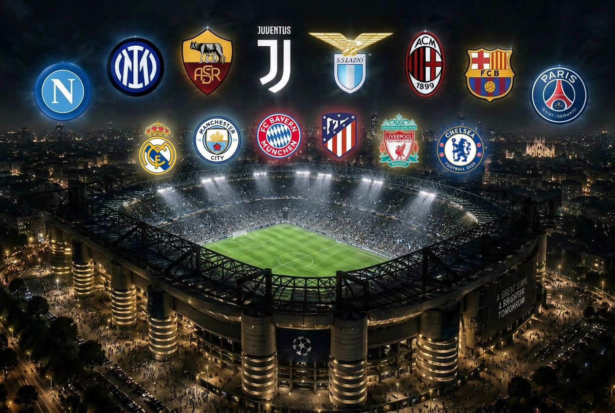 Stadio di calcio luminoso di notte con gli scudetti delle grandi squadre